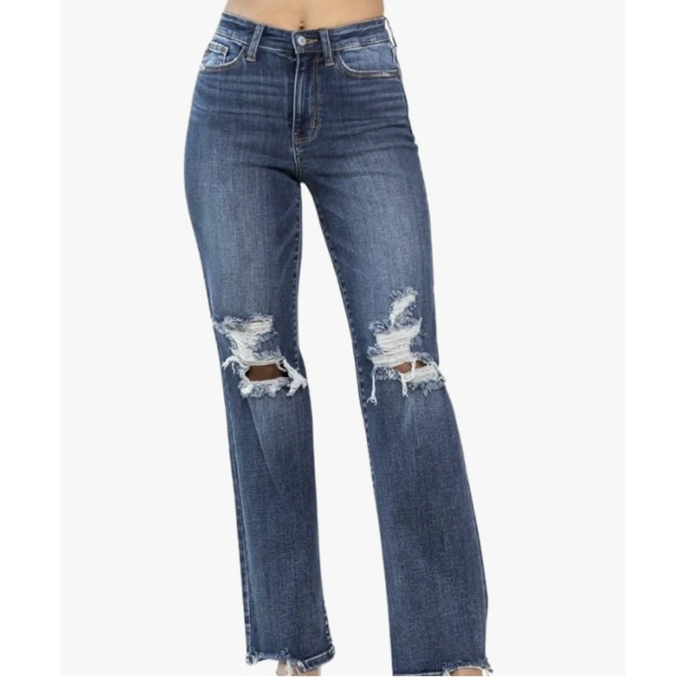 Judy Blue Jeans Women 5/27 High Waist 90's Knee Destroy Straight Blue Denim NWT